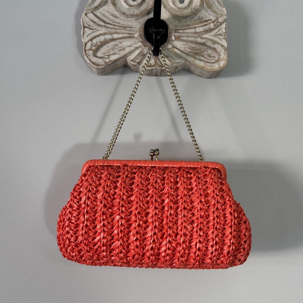Vintage Coral Crochet Clutch with Gold Chain - Picture 2 of 7